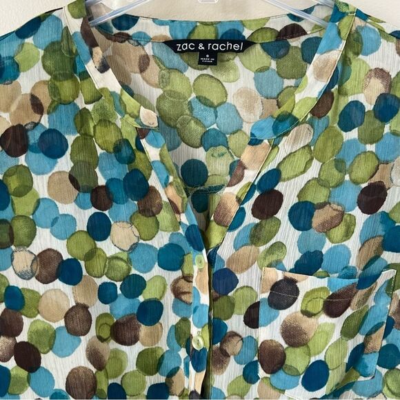 Zac & Rachel Button Tie Bottom Long Sleeve Blue Green Polka Dot Blouse SZ S - Picture 2 of 12